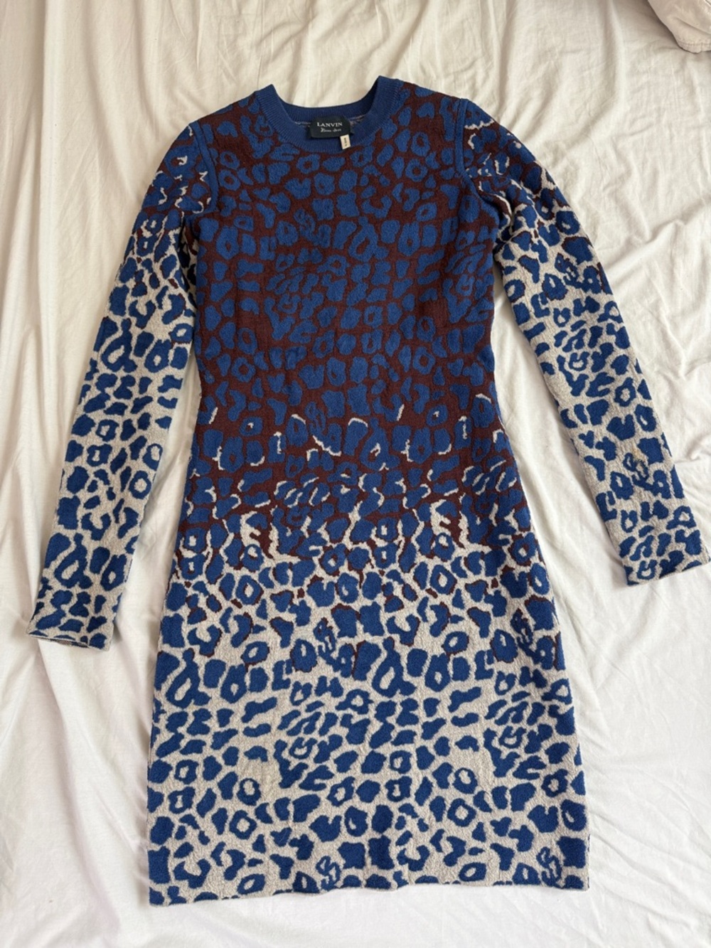 Lanvin Blue and Cream Leopard-Print Long Sleeve Knit Dress with Brown Accents